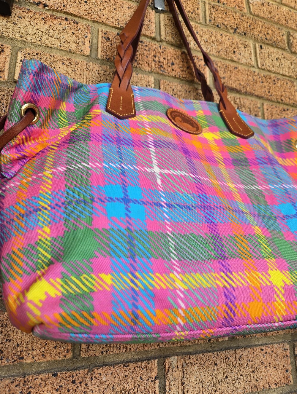 ​🎨 Dooney & Bourke Neon Tartan Plaid Braided Leather Tote Bag 💖